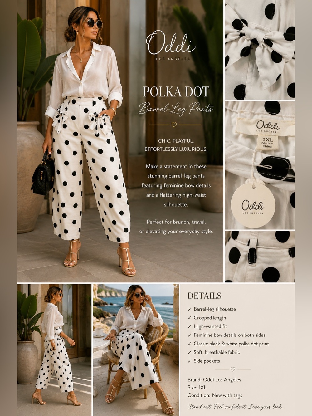 ODDY White with Black Polka Dot Barrel-Leg Cropped jeans